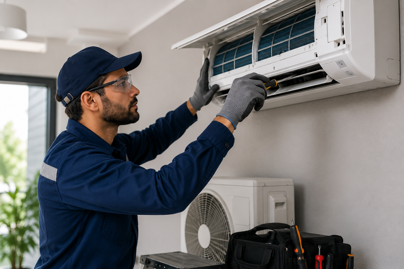 AC installation technician working on split air conditioner in Lahore